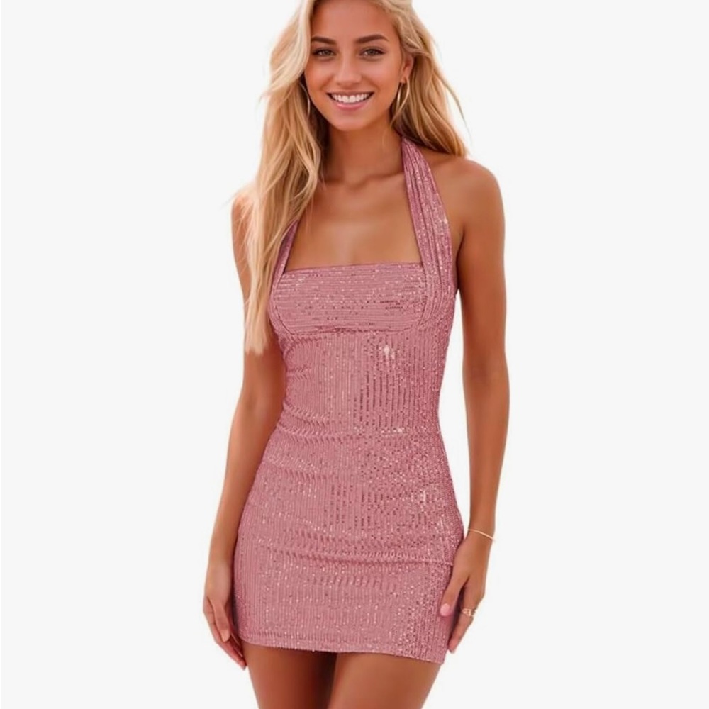 Dusty Rose Sequin Halter Dress